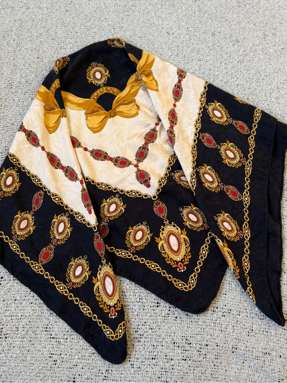 Vintage Baroque Chain & Medallion Print Scarf in Black, Gold, Cream